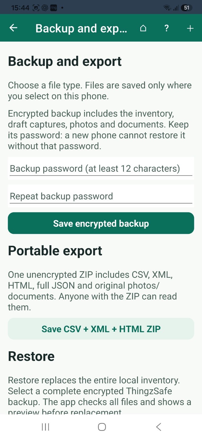 ThingzSafe android backup and export screen