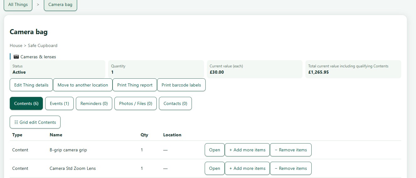 ThingzSafe web thing contents screen