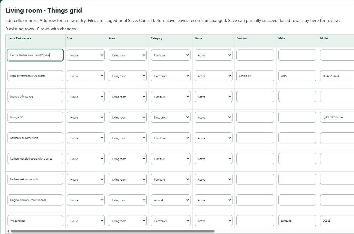 ThingzSafe web bulk grid editing screen