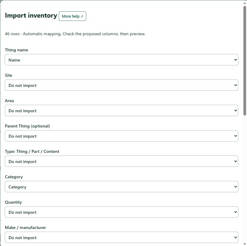 ThingzSafe web inventory import screen