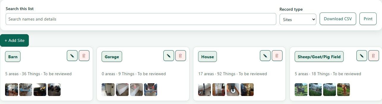 ThingzSafe web sites and areas screen