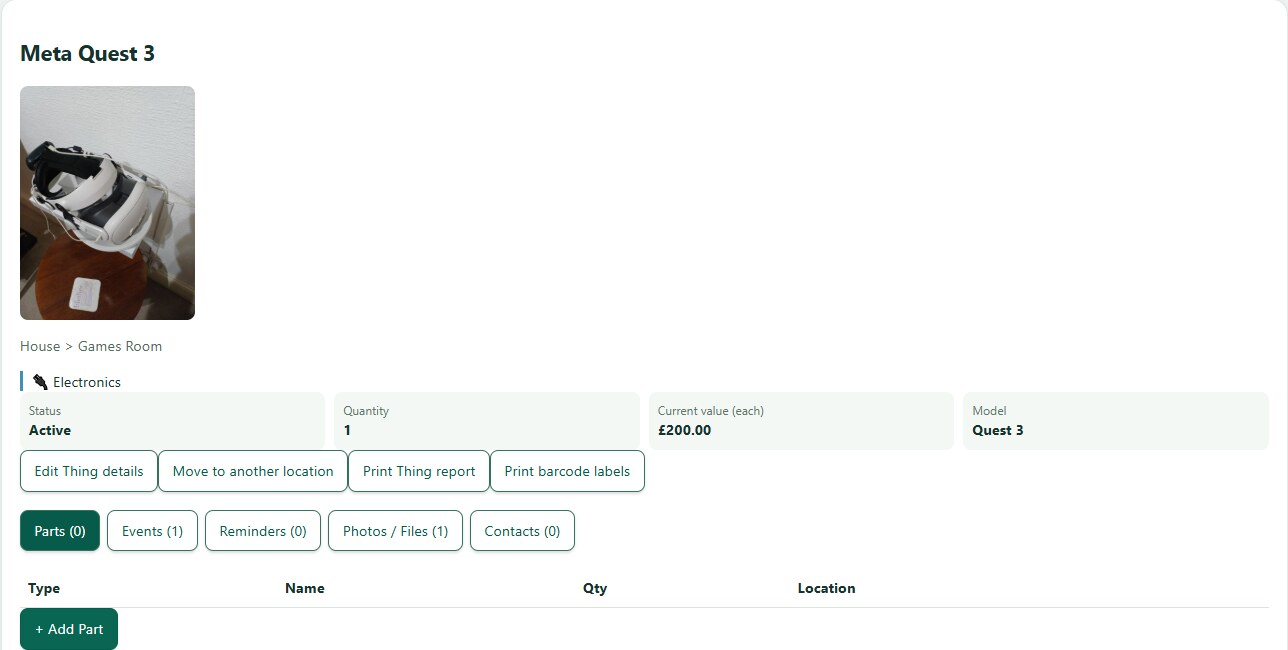 ThingzSafe web thing details screen